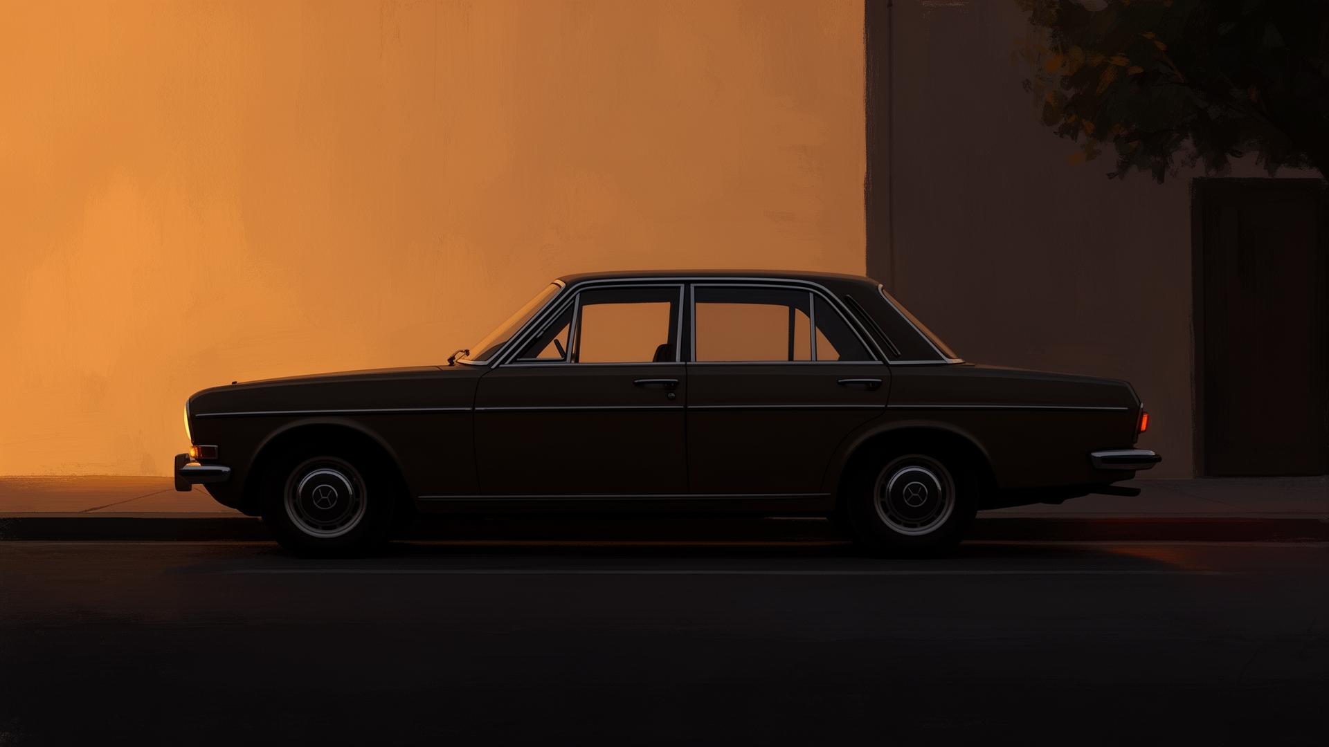 A single classic sedan parked on a quiet street at dusk