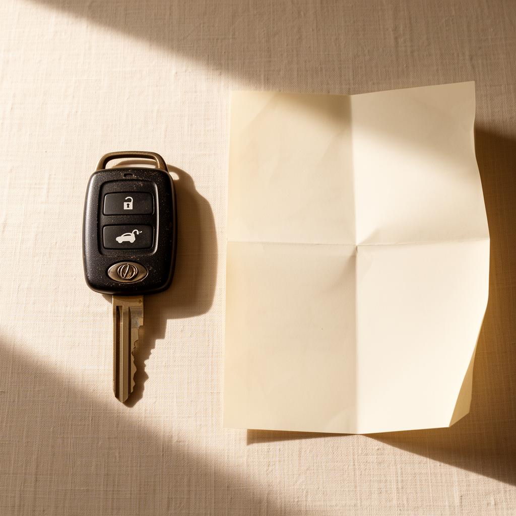 Car key resting on linen beside a folded paper document