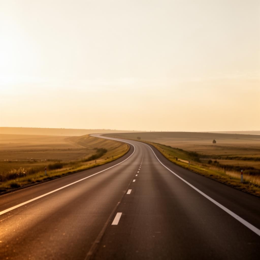 Open highway curving into a soft horizon at golden hour